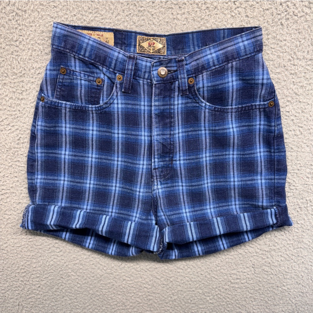 Vintage Express Shorts Women Small Blue Plaid High Waist Bermudas Made in USA